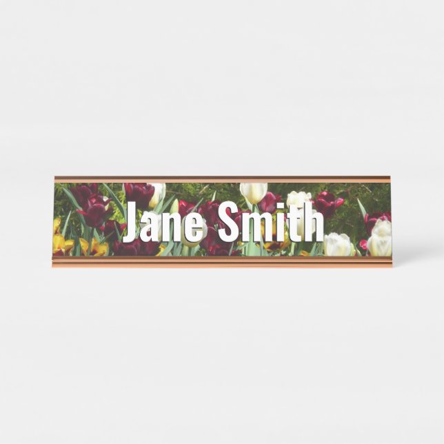 Maroon und Gelbe Tulips farbenfrohe Blumen Schreibtischnamensplakette (Vorderseite )