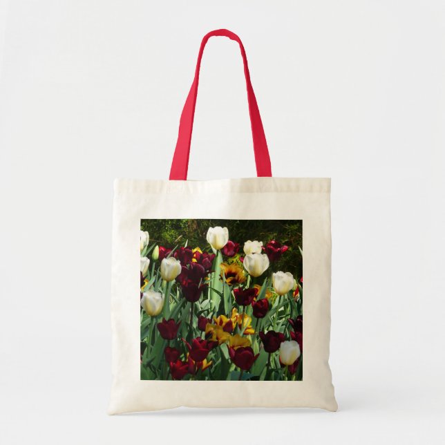 Maroon und Gelbe Tulips farbenfrohe Blumen Tragetasche (Vorne)