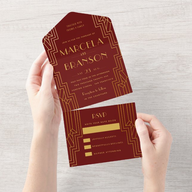 Maroon und Gold Art Deco Hochzeit All In One Einladung (Abreißen)