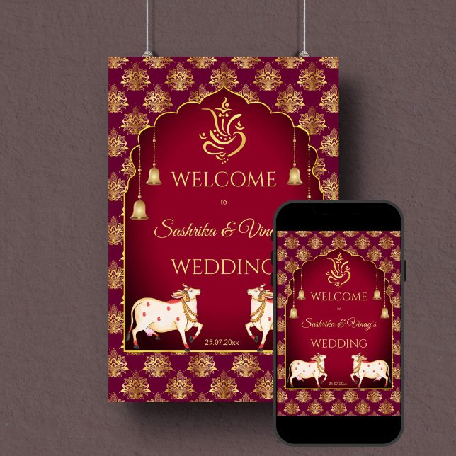 Maroon und Gold Gomata Hochzeitszeichen Poster (Indian wedding maroon and gold lotus welcome sign poster digital download gomata sacred cow Ganesha)