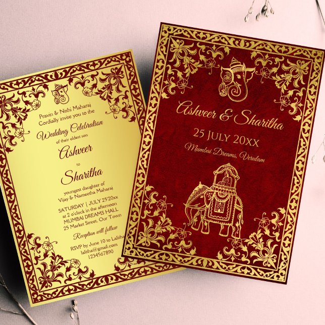 Maroon und Gold Indische Hochzeitelefantenräume Einladung (Maroon and gold Indian wedding elephant luxury grooms wedding Invitation template instant download)