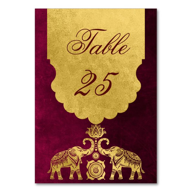 Maroon und Goldelefanten - Indische Hochzeit Tischnummer (Rückseite)