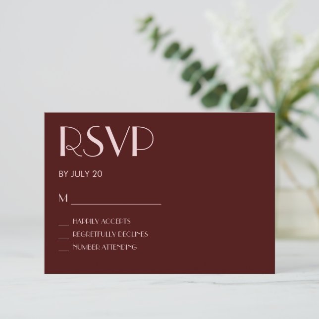 Maroon und hellrosa Hochzeitskarte RSVP Karte (Stehend Vorderseite)