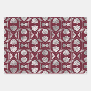 Maroon und Silver Art Deco Muschel Muster Geschenkpapier Set