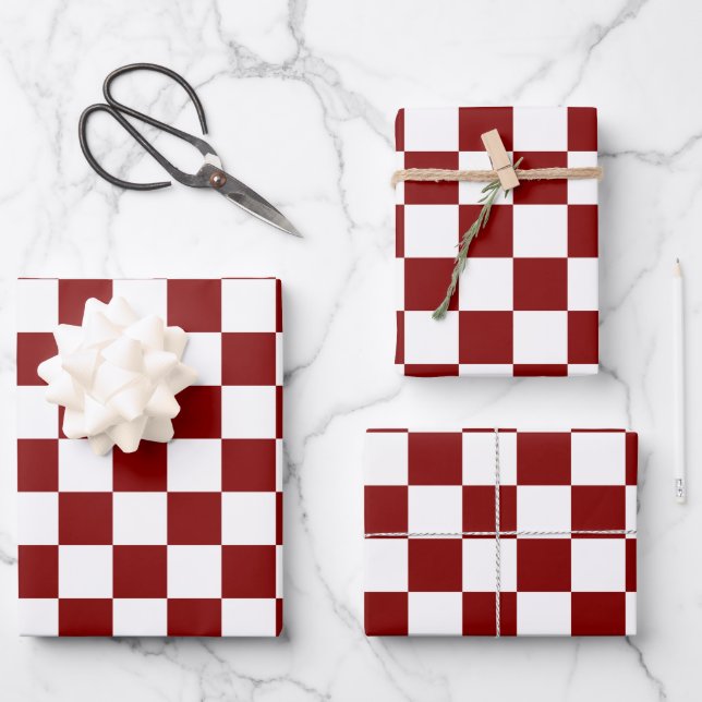 Maroon und White Checkered Vintag Geschenkpapier Set (Vorderseite)