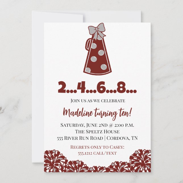 Maroon und White Cheer Einladungen zum Geburtstag (Vorderseite)
