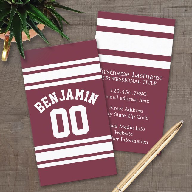 Maroon und White Jersey Stripes Individuelle Name Visitenkarte (Custom Business Card Template)