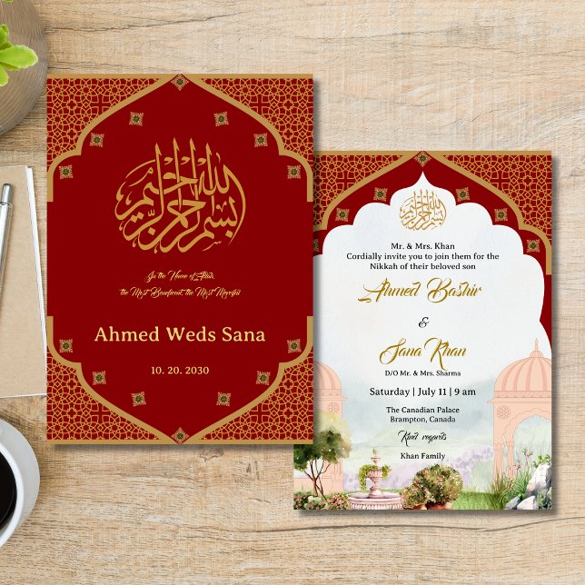 Maroon Vintag Garden Nikkah Einladungskarte (Von Creator hochgeladen)
