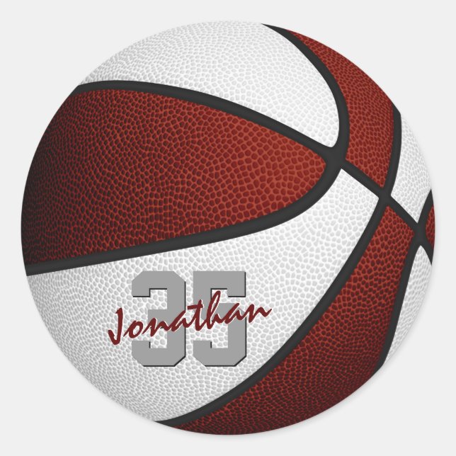 Maroon Weiße Jungs Basketballmannschaft Farben Runder Aufkleber (Vorderseite)