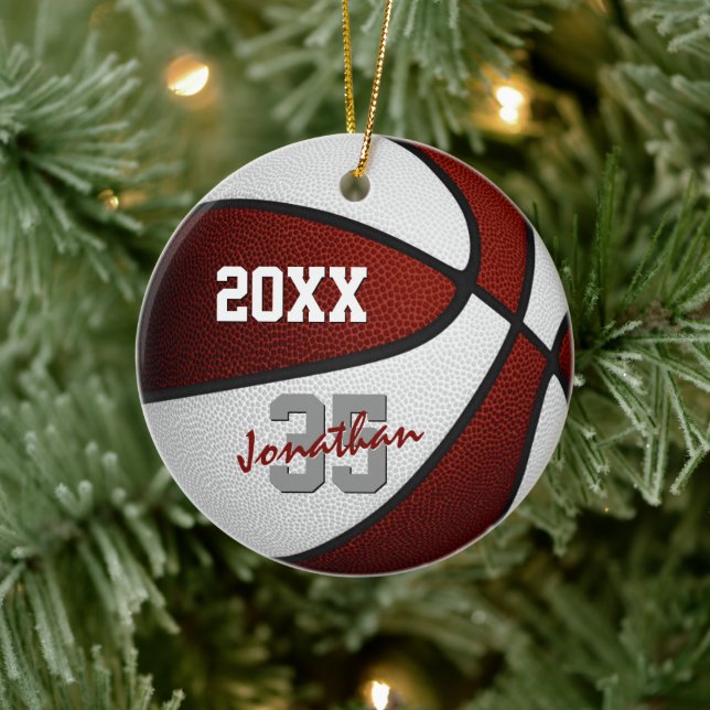 Maroon Weiße Mannschaft Farben Jungs Basketball Mä Keramik Ornament (Baum)