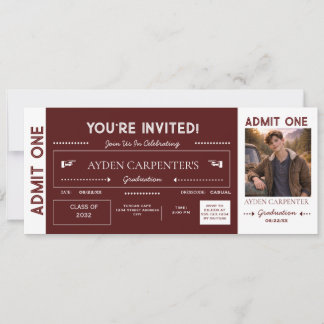 Maroon & White Abschluss Faux-Ticket | Einladung