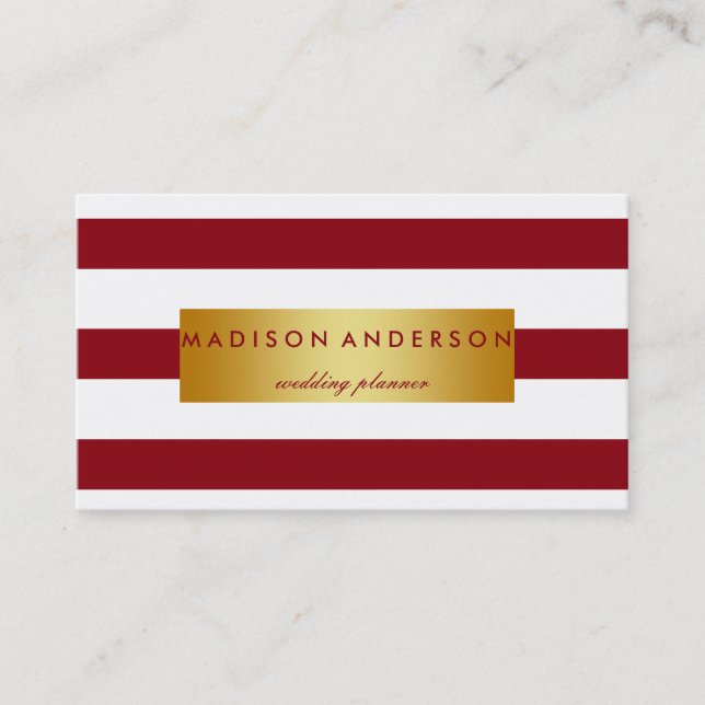 Maroon & White Chic Streifen in Gold Visitenkarte (Vorderseite)