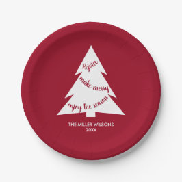 Maroon White Christmas Tree Name Holiday Party Pappteller