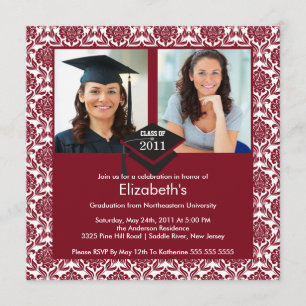 Maroon & White Damask Foto Abschluss Einladung