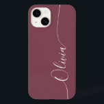 Maroon White Elegant Calligraphy Script Name Case-Mate iPhone 14 Hülle<br><div class="desc">Maroon Elegant White Calligraphy Script Custom Personalisiert Name iPhone 14 Smart Phone Cases bietet ein modernes und trendige,  einfaches und stilvolles Design mit Ihrem personalisierten Namen in elegantem handgeschriebenen Kalligraphieskripttypografie auf einem maroon Hintergrund. Entworfen von ©Evco Studio www.zazzle.com/store/evcostudio</div>