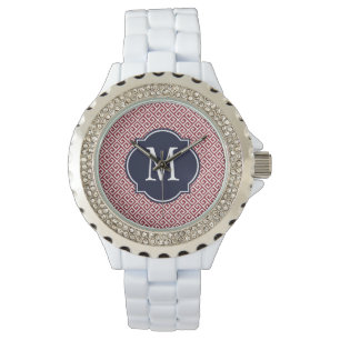 Maroon & White Griechisches Schlüsselmuster Armbanduhr