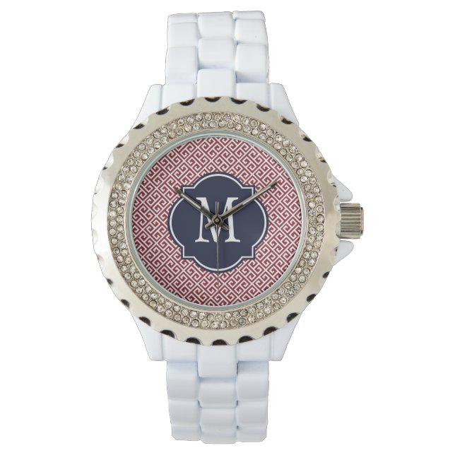 Maroon & White Griechisches Schlüsselmuster Armbanduhr (Vorderseite)
