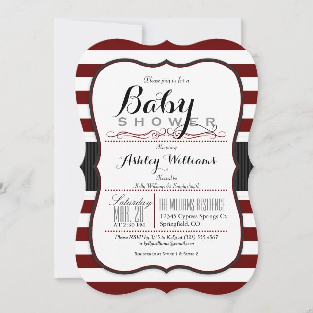Maroon & White Stripes; elegante Babydusche Einladung (Vorderseite)