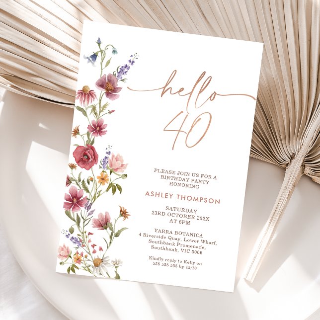 Maroon Wildblume Hallo 40 Vierzigjähriger Geburtst Einladung (Wildflower 40th Birthday Invitation Women, Hello Forty Editable Invitation Template, Boho 40th )