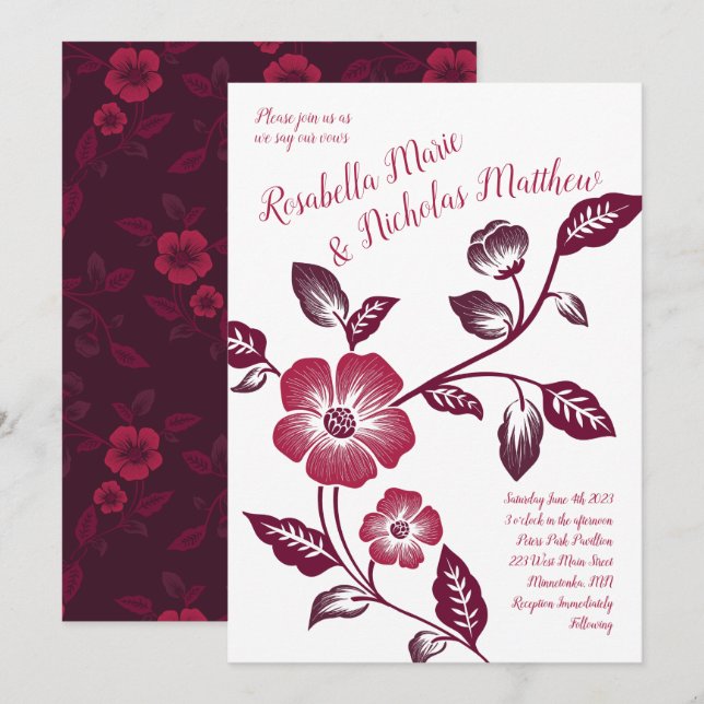 Maroon Wine Dark Letterpress Floral Wedding Einladung (Vorne/Hinten)