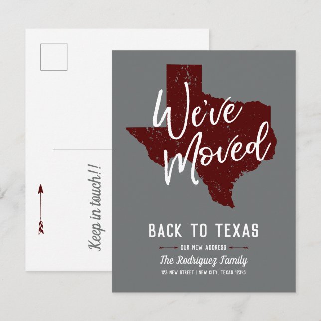 Maroon, wir haben uns bewegt - Texas Ankündigungspostkarte (Vorne/Hinten)
