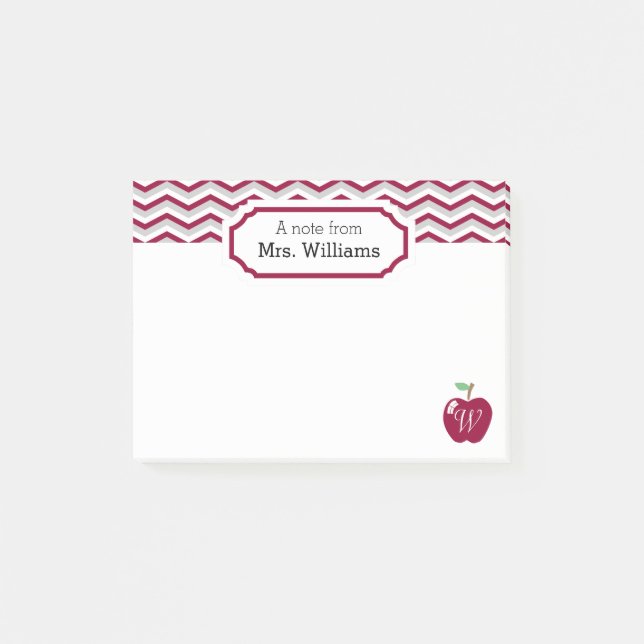 Maroon Zickzack Apple Mit Monogramm Teacher Note Post-it Klebezettel (Vorderseite)