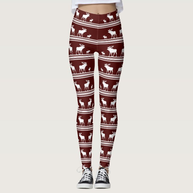 Maroonrotes Elchmuster Leggings (Vorderseite)