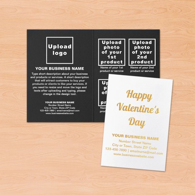Marque Black Business sur la carte Valentine Foil (Black business brand with products on Valentine folded foil card on table.)