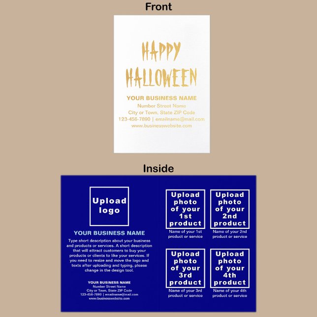 Marque commerciale bleue sur la carte à huile d'Ha (Blue business brand with products or services on Halloween folded foil card.)