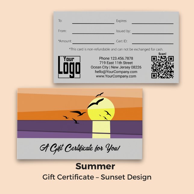 Marque d'été · Scénario · Certificat-cadeau Sunset (Summer Branding · Script Text · Sunset Gift Certificate)