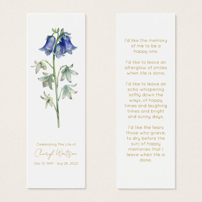 Marque-page de deuil simple Bluebell (Devant & derrière)