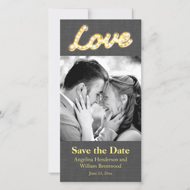 Marquee Lights Save the Date Foto Gray Burlap (Vorderseite)