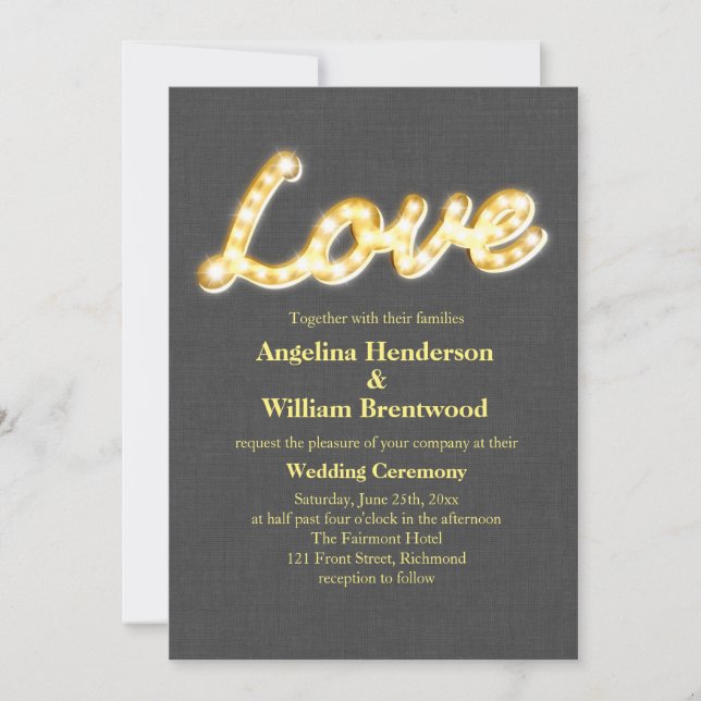Marquee Lights Wedding Invite Gray Burlap Einladung (Vorderseite)