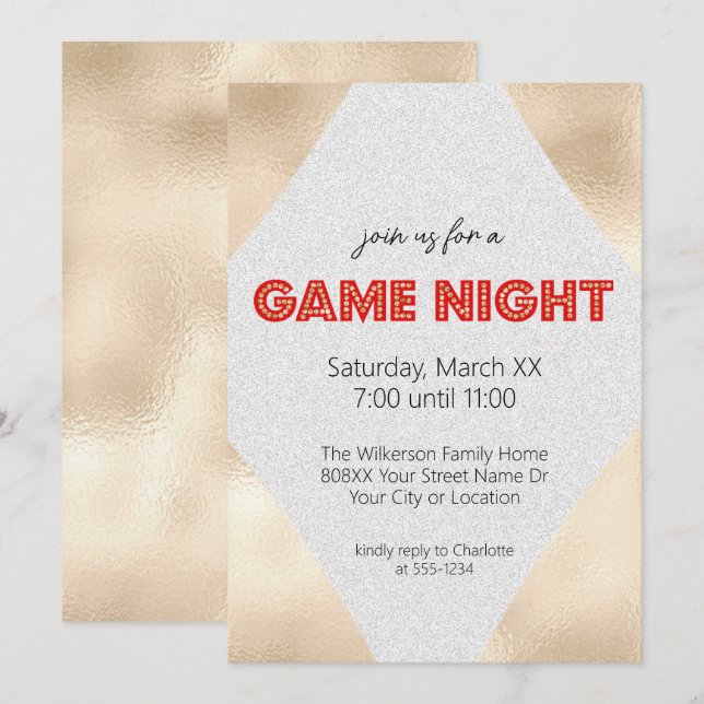 Marquee Sign auf Gold Game Night Party Einladung (Vorne/Hinten)