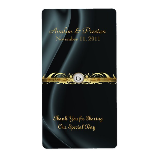 Marquis Black Silk Gold Scroll Wine Wedding Label (Vorne)