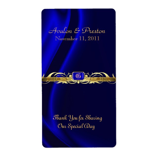 Marquis Blue Silk Gold Scroll Wine Wedding Label (Vorne)