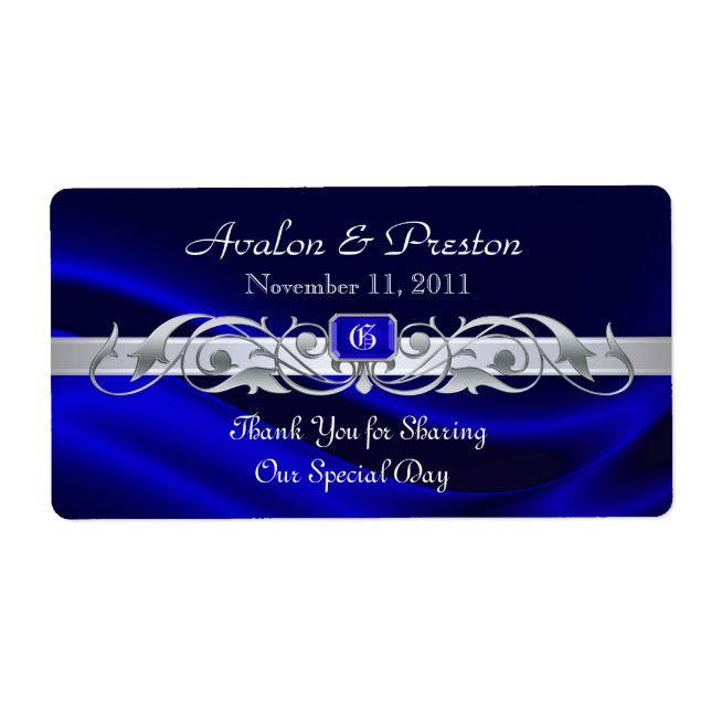 Marquis Blue Silk Silver Scroll Wine Wedding Label (Vorne)
