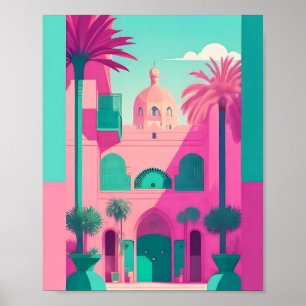 Marrakech Marokko Flachvektorkunst Türkis Poster