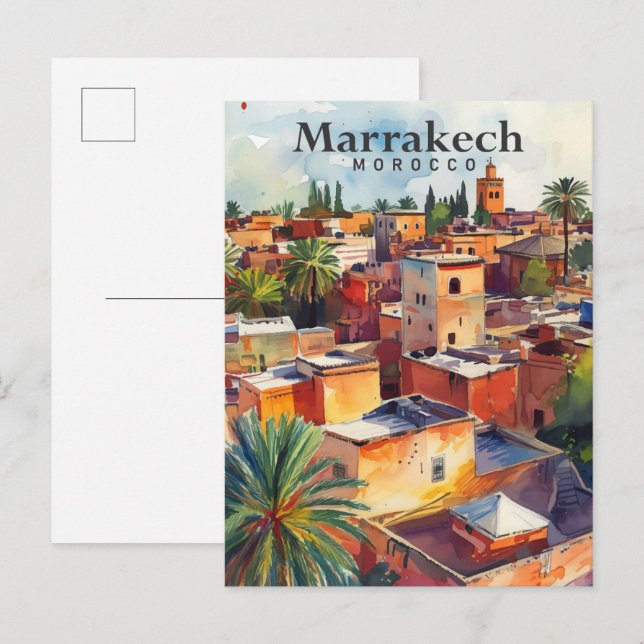 Marrakech Marokko Wasserfarbenmalerei Reisen Postkarte (Vorne/Hinten)