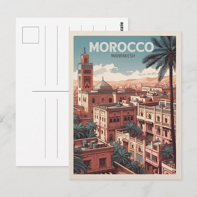 Marrakesch Stadtmoschee mit Palmen Marokko Postkarte (Vorne/Hinten)
