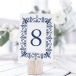 Marrakesch-Tischnummer | Marine Tischnummer<br><div class="desc">Die modernen marokkanischen inspirierten Tischnummern-Karten haben eine geometrische Grenze in Marineblau und Weiß,  die Ihre Tischnummer umgibt. Design wiederholt sich auf der Rückseite. Koordiniert mit unserer Hochzeitssuite in Marrakesch in Navy.</div>