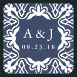 Marrakesh Wedding Monogram Stickers | Marine<br><div class="desc">Siegel Sie Ihre Hochzeitseinladung Kuverts,  Favoriten und mehr mit unseren eleganten marokkanischen inspirierten Aufkleber in Marine und Weiß. Das abgerundete quadratische Design zeichnet sich durch Ihre Initialen und das Hochzeitdatum aus,  umgeben von einem geometrischen Rahmen in weiß auf einem klassisch marineblau-blauen Hintergrund. Koordiniert mit unserer Hochzeitseinladungskollektion in Marrakesch.</div>