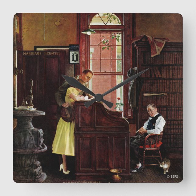 Marriage License by Norman Rockwell Quadratische Wanduhr (Vorderseite)