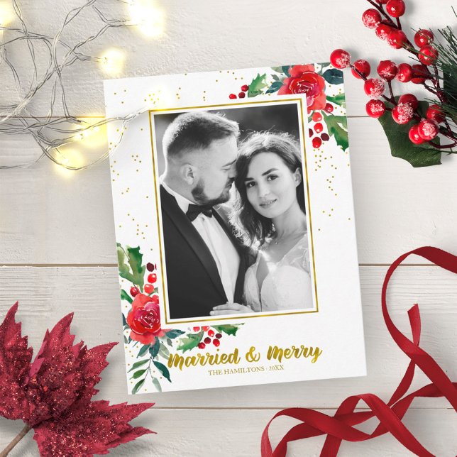 Married And Merry Red Flowers Christmas Photo Postkarte (Von Creator hochgeladen)