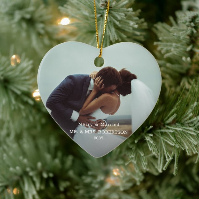 Married & Merry Modern Photo Typography Elegant  Keramik Ornament (Baum)
