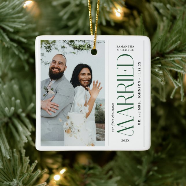 Married Wedding Photo Newlyweds Christmas Keramikornament (Baum)