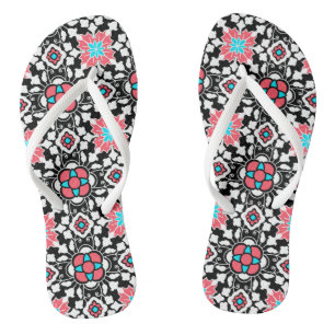 Marrokanischer Blumenstrauß, Schwarz, Weiß und Kor Flip Flops