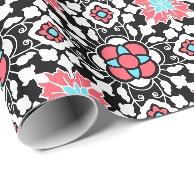 Marrokanischer Blumenstrauß, Schwarz, Weiß und Kor Geschenkpapier (Rolleneckpunkt)