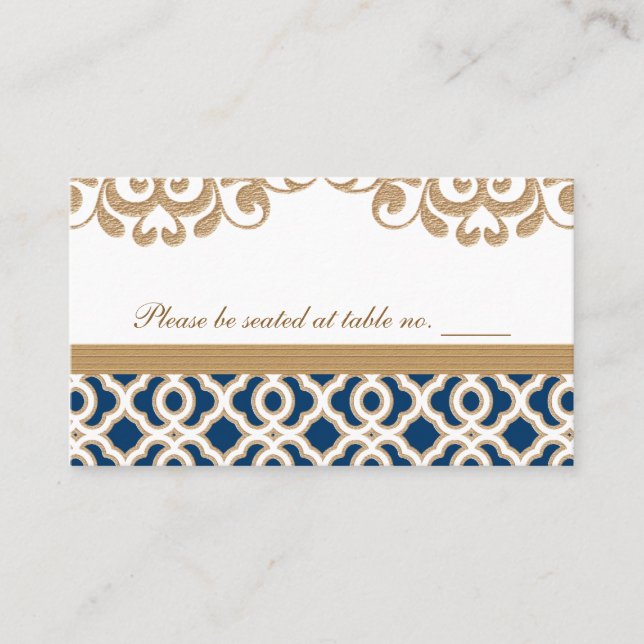 Marrokanischer Hochzeitstisch in Blau und Gold Platzkarte (Vorderseite)