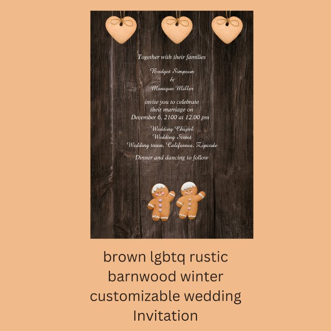 marron lgbtq faire-part de mariage rustique en boi (brown lgbtq rustic barnwood winter  customizable wedding Invitation by wedding Hobinishop)